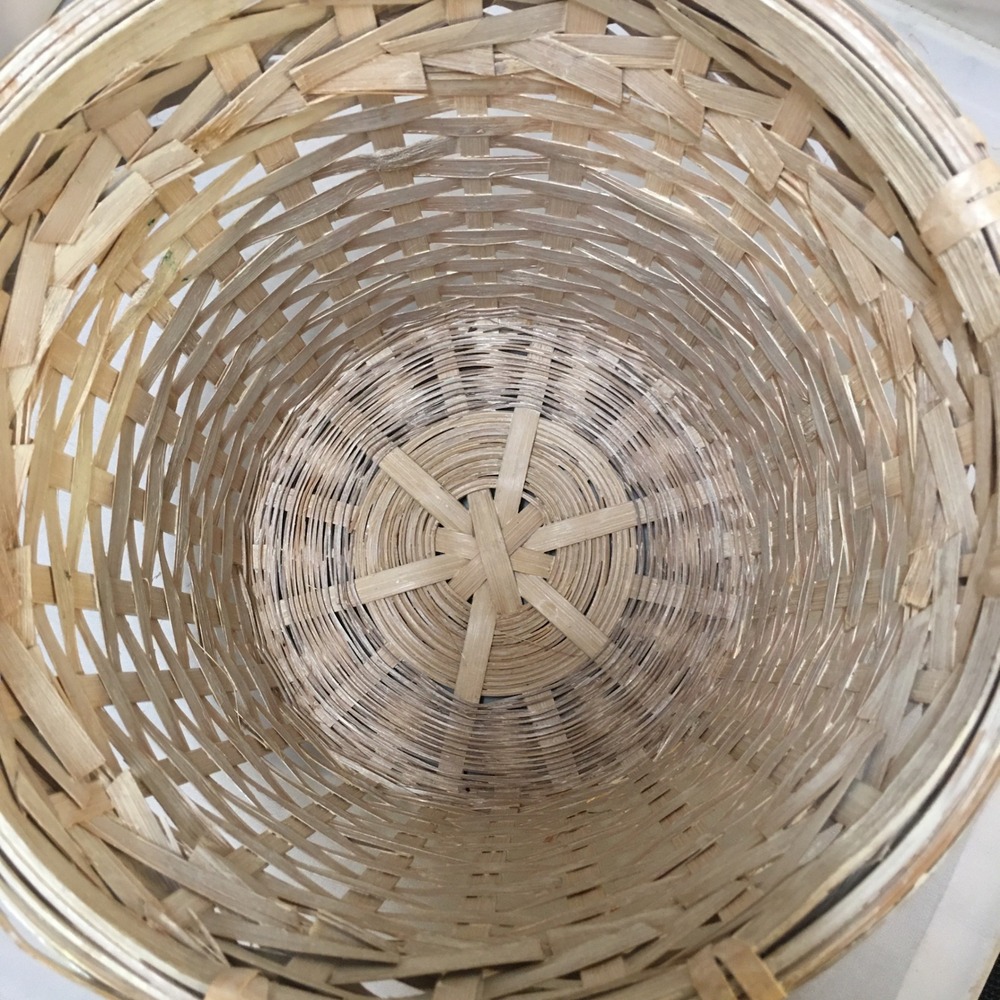 Woven Wicker Basket Small Tan Whitewashed Round Boho Decor Coastal Waste Bin - Picture 2 of 6